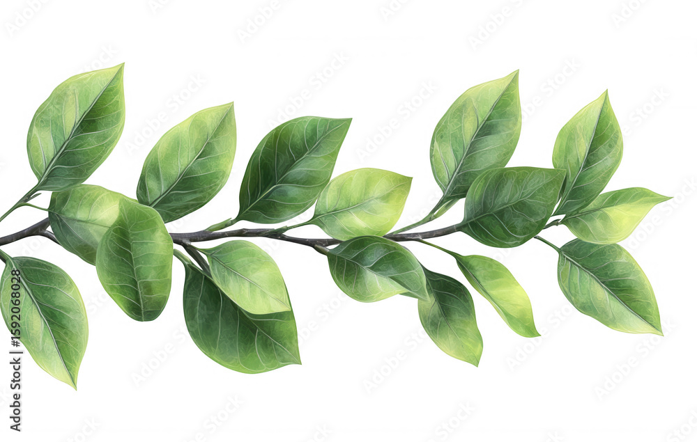 Fototapeta premium Lush green leaves adorn a branch artistry this watercolor in set against a transparent background, offering a touch of nature's painting,