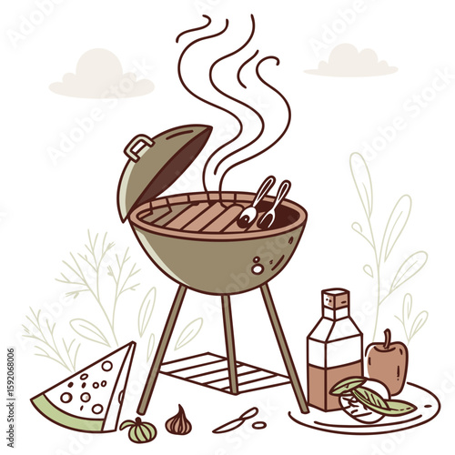 Illustration of a barbecue grill with smoke rising, accompanied by food items and decorative plants around