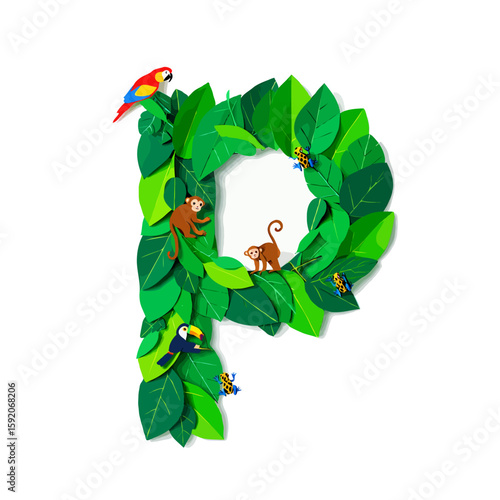 Vector art of letter p is decorated with jungle leaves and animals isolated on white background