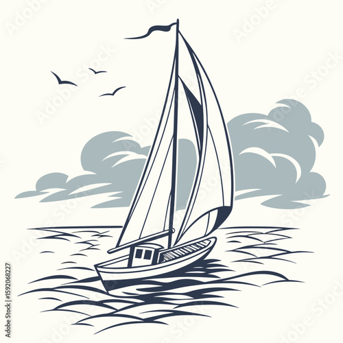 Illustration of a sailboat on the water with sails up and birds flying in the sky with clouds behind it