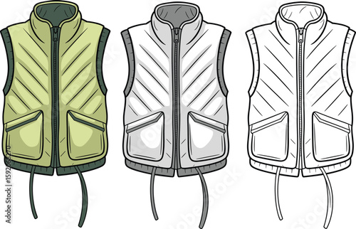 Puffer vest CAD drawing, flat vector illustration, front and back views, three color variations, technical fashion sketch, stylish garment design artwork
