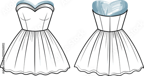 Strapless dress CAD drawing, flat vector illustration, sweetheart neckline, full skirt, fashion sketch artwork, front and back view design