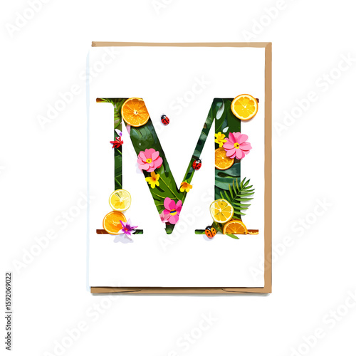 Vector art of letter m is decorated with flowers, leaves, and citrus fruits