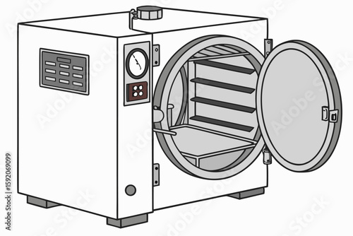 Illustration of an Autoclave Machine with an Open Door Exposing Internal Shelves, Gauges, and Control Panels for Sterilization Processes