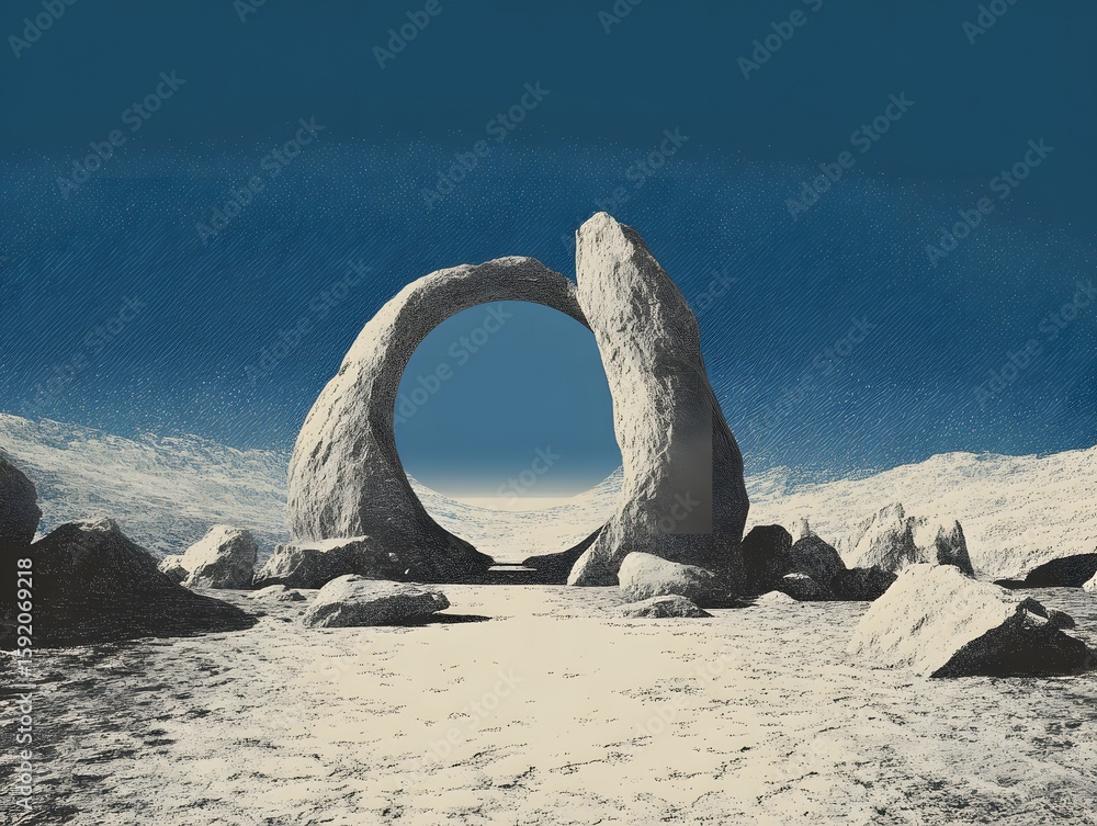 Fototapeta premium Mysterious Stone Archway: A weathered stone arch stands proud, framing a glimpse into the sky, embodying the essence of natural beauty and geological wonder.