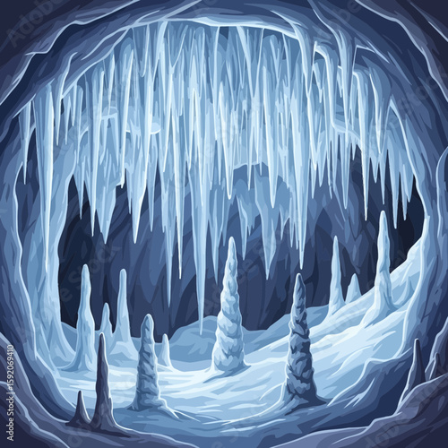 Captivating cavern graphic, showing a subterranean ice cave with stalactites and stalagmites, ideal for game design or background elements.