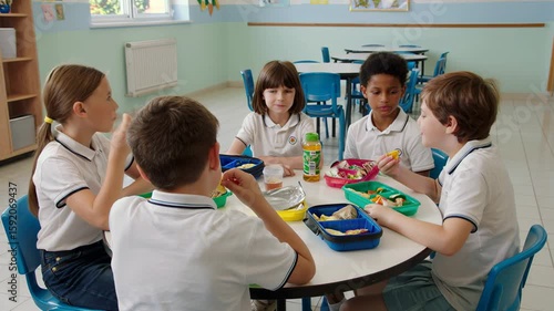 Elementary school children sitting and socializing in a bright cafeteria lunchroom