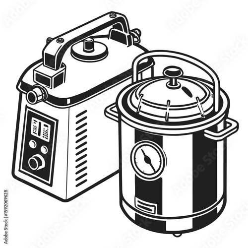 Detailed Illustration of Two Kitchen Appliances Pressure Cookers and Sterilizers Depicted with Intricate Lines and Shading for a Culinary or Appliance Themed Art Piece