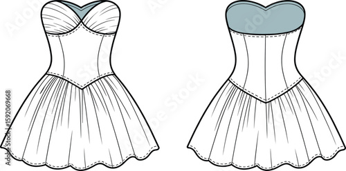 Sweetheart neckline corset dress CAD drawing, flat vector illustration, fashion sketch template, ruched bodice design, front and back view artwork