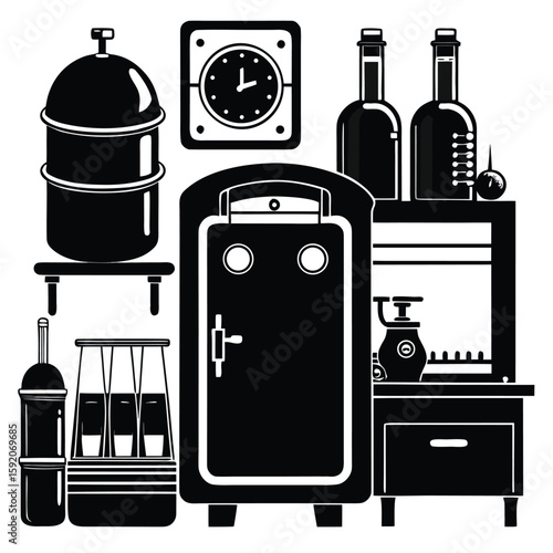Vintage Still Room Illustration with Various Containers, Measuring Devices, and Preparation Equipment for Scientific Processes and Experimentation