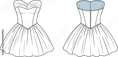 Sweetheart neckline strapless dress CAD drawing, flat vector illustration, pleated bodice, full skirt, front and back view artwork