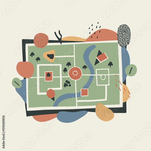 Abstract illustration of a colorful map with organic shapes and icons  