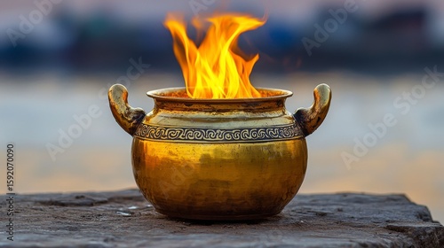 Golden Metallic Pot Filled with Flickering Flames Against a Blurred Light Toned Backdrop