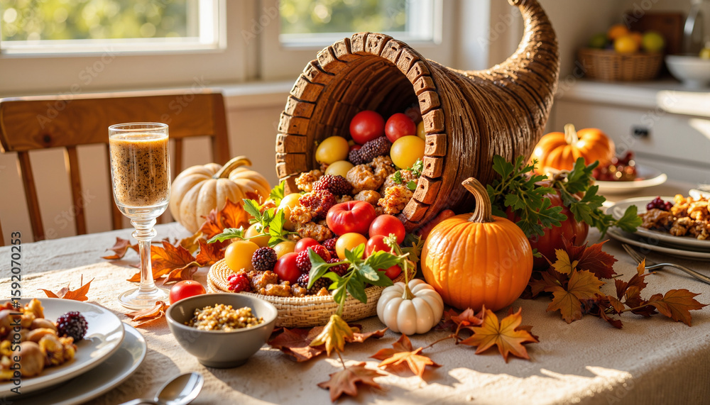 Fototapeta premium Harvest cornucopia overflowing with autumn fruits on kitchen table, celebration