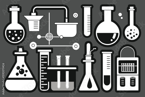 Scientific Laboratory Equipment Illustration Chemistry Research and Experimentation Conceptual Art in Black and White for Education and Creativity