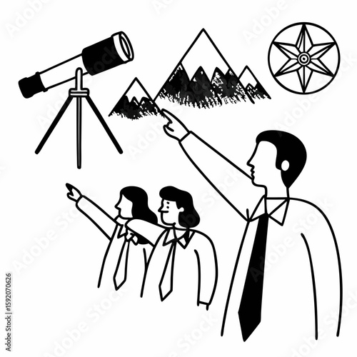 Minimalist line art of a leader pointing forward with a team behind, telescope and mountain icons symbolizing vision and direction, simple clean lines