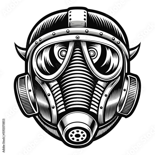 Monochrome Gas Mask with Steampunk Style Helmet and Horns Detailed Drawing for Design Element or Tattoo Inspiration
