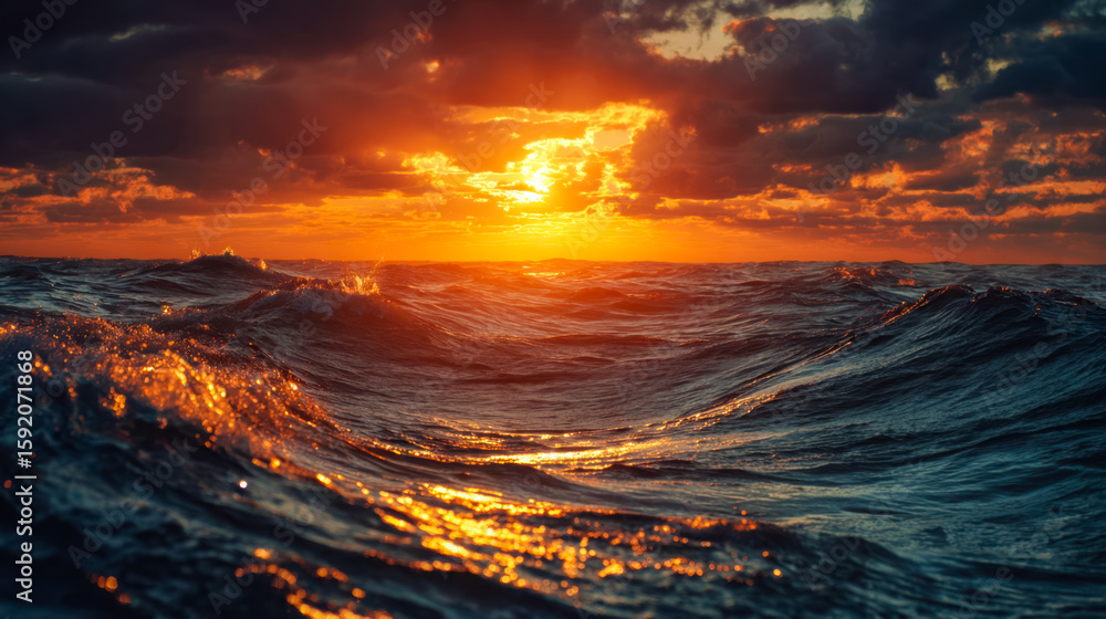 Fototapeta premium Vibrant sunset over the dynamic ocean waves