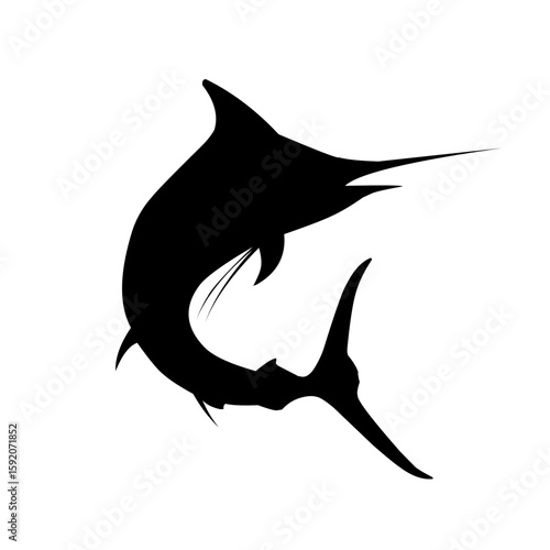 Silhouette of a marlin or swordfish in curved motion, isolated on white background. Bold black sea animal vector for fishing, marine life, or ocean design themes.