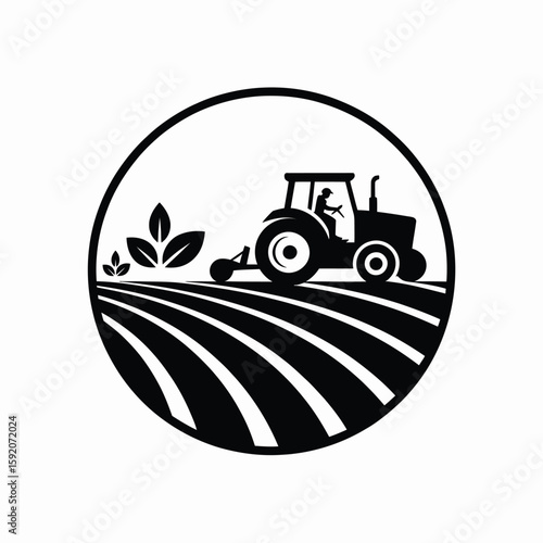 Tractor plowing a field with plants in a circular emblem