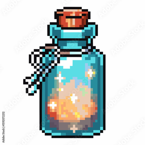 Pixel art glass potion bottle with glowing magical liquid, fantasy alchemy elixir in vintage corked container illustration