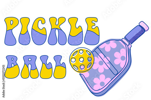 Bright vector illustration of pickleball racket with floral pattern,  yellow ball and inscription PICKLEBALL. Ideas for posters, prints or sports merch