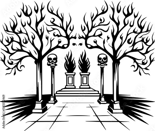 SVG skull and skeleton with bone flames and ancient temples in tattoo style. Spooky Forest Pathway with Skull Pillars and Creepy Trees
