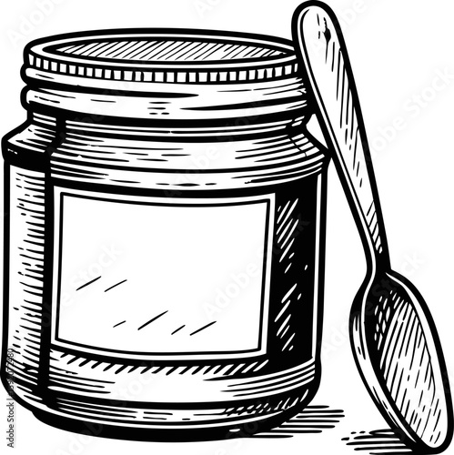 Glass jar of jam with empty label and spoon monochrome hand drawn illustration for food packaging and kitchen design