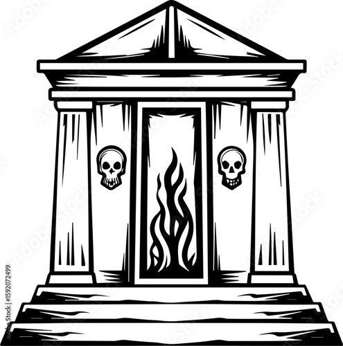 SVG skull and skeleton with bone flames and ancient temples in tattoo style. Intricately Designed Monument with Flame and Skull Elements
