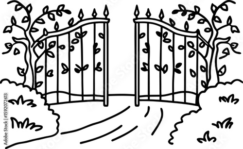 Wrought iron garden gate with climbing vines and foliage, entrance path surrounded by shrubbery and leafy decorative greenery