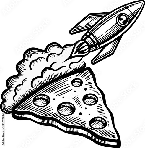Rocket launching from pizza slice with clouds of smoke fast food delivery, creative space and food fusion concept in sketch