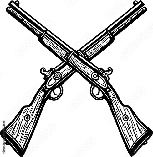 Antique crossed pistols illustration vintage firearms drawing, old gun weapon, engraving style, historic weaponry concept