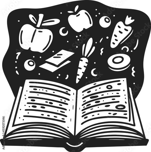 Open book with floating fruits and vegetables healthy ingredients, nutrition, and cooking education, recipe concepts illustration