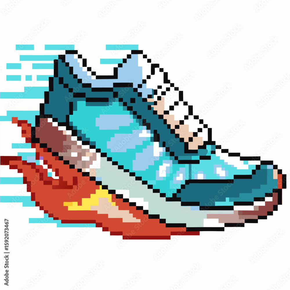 Fototapeta premium Pixel art sneaker in motion with fiery trail blue running shoe, retro digital style, dynamic speed and energy symbol
