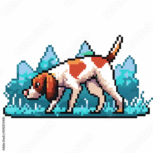 Beagle hound sniffing in grass curious dog with brown and white fur alert in pixel art forest landscape, retro video game