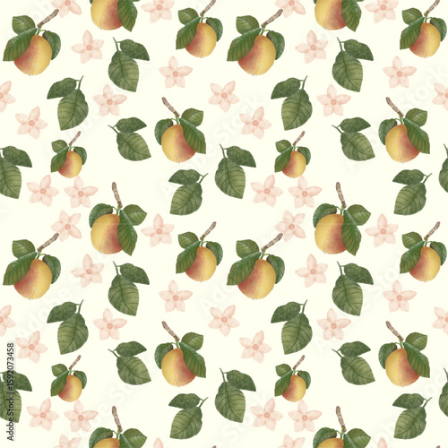 Seamless pattern with peaches and leaves, flowers