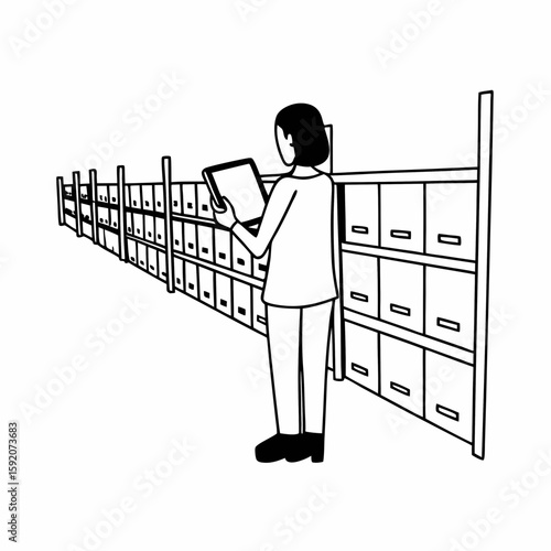 Minimalist line art of a person checking warehouse shelves or product stock, using tablet, surrounded by boxes and barcodes, outline style