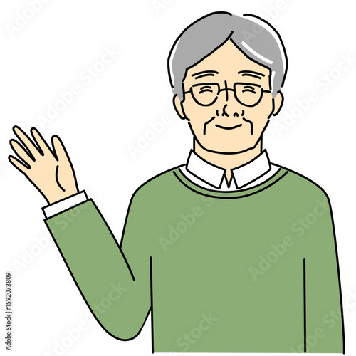笑顔で案内しているシニア男性のイラスト
