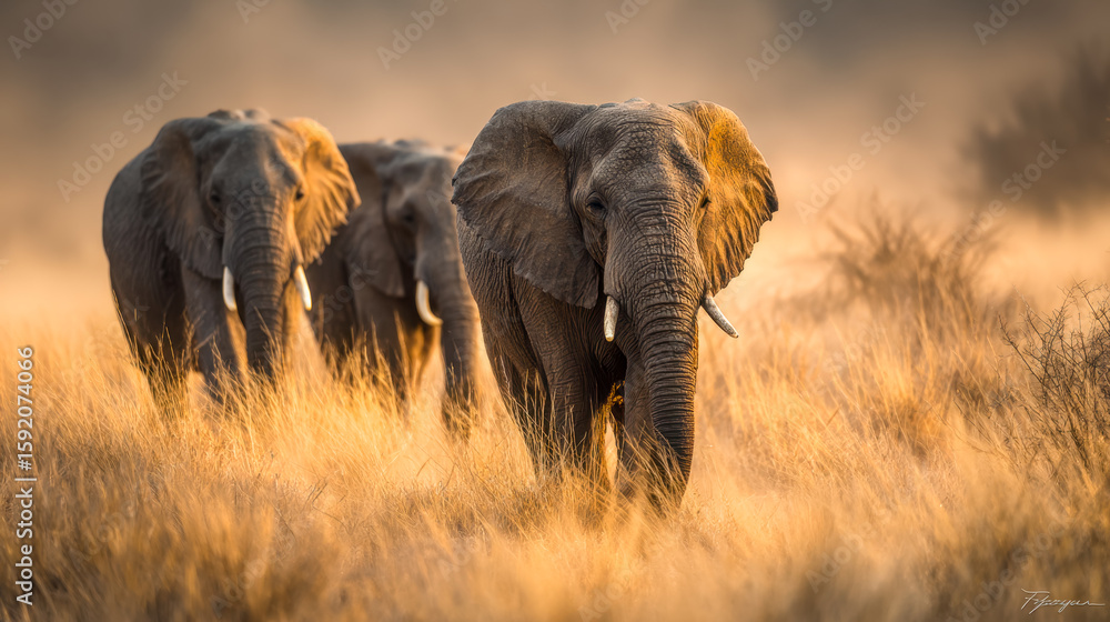 Naklejka premium Calm procession of elephants in a sunlit savannah
