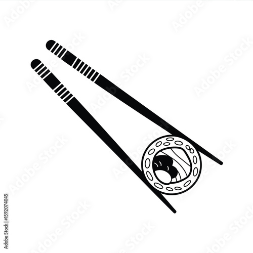 Black and white illustration of sushi roll with chopsticks