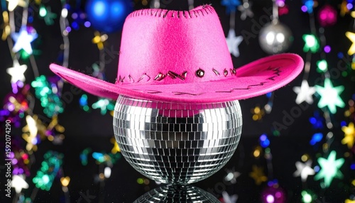 Pink cowboy hat atop disco ball in party setting