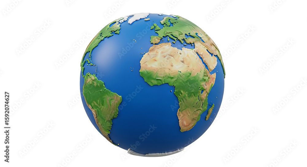 Fototapeta premium A stylized 3D model showing the Earth, with raised continents and oceans, viewed against dark void