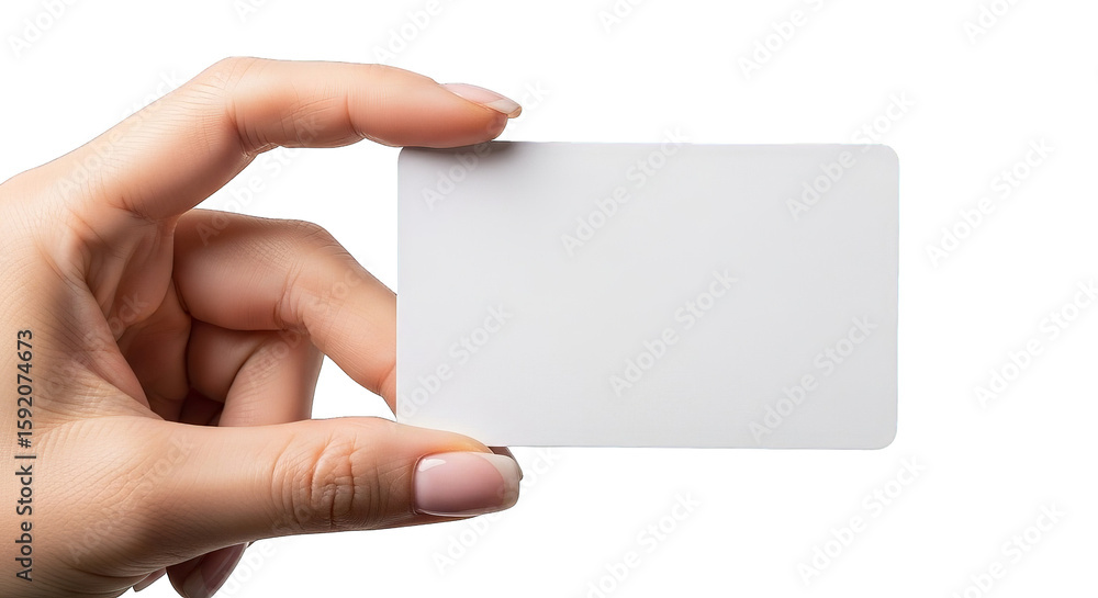Obraz premium Close-up of a hand holding a blank white card, presenting a clean and modern aesthetic visual.