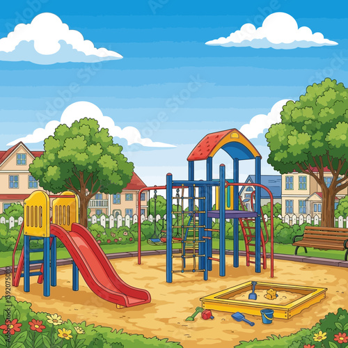 Bright and cheerful kids playground with swings and a slide, perfect for park design, children's books, or a vibrant addition to a family oriented project.