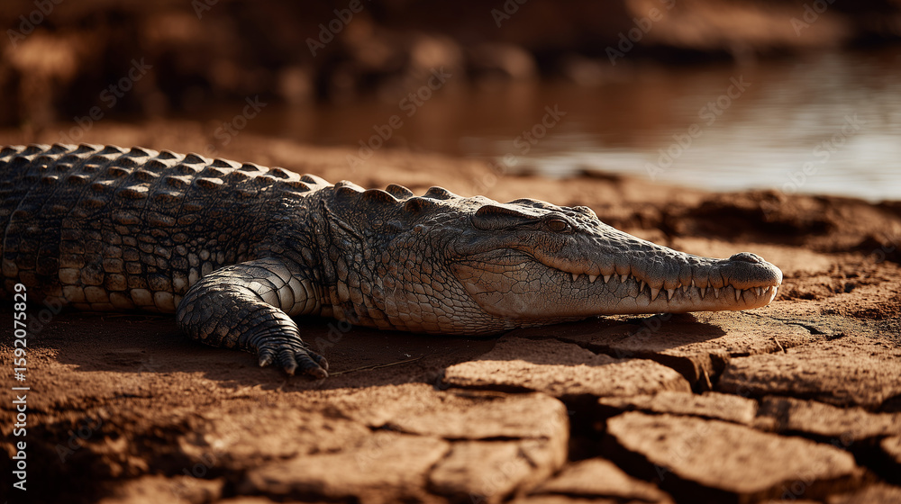 Fototapeta premium A crocodile resting by the Nile River bank, surrounded by natural vegetation and calm water, showcasing the wild beauty of African wildlife in its natural habitat.
