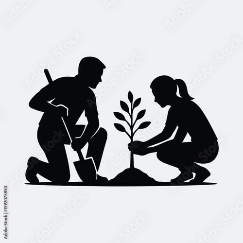 Silhouette people planting tree together environmental project vector illustration
