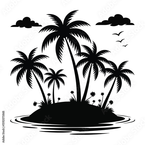 Silhouette of a tropical island with palm trees and birds