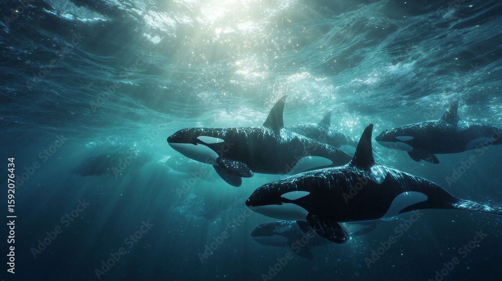 Obraz premium A pod of orcas swimming gracefully in the ocean, showcasing their sleek black and white bodies in clear blue water, symbolizing marine life and wildlife beauty.