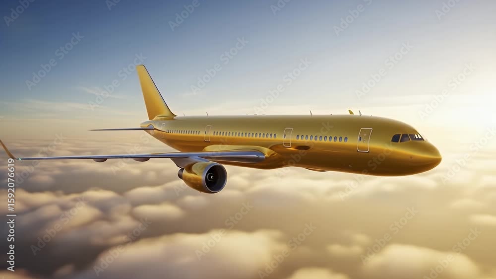 A sleek golden commercial airplane flying through a sea of fluffy, white clouds at sunset, with a clear sky backdrop. A sleek golden commercial airplane flying through a sea of fluffy, white clouds at sunset, with a clear sky backdrop.