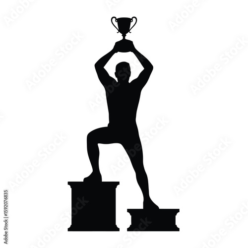 Silhouette of a champion holding a trophy on a podium
